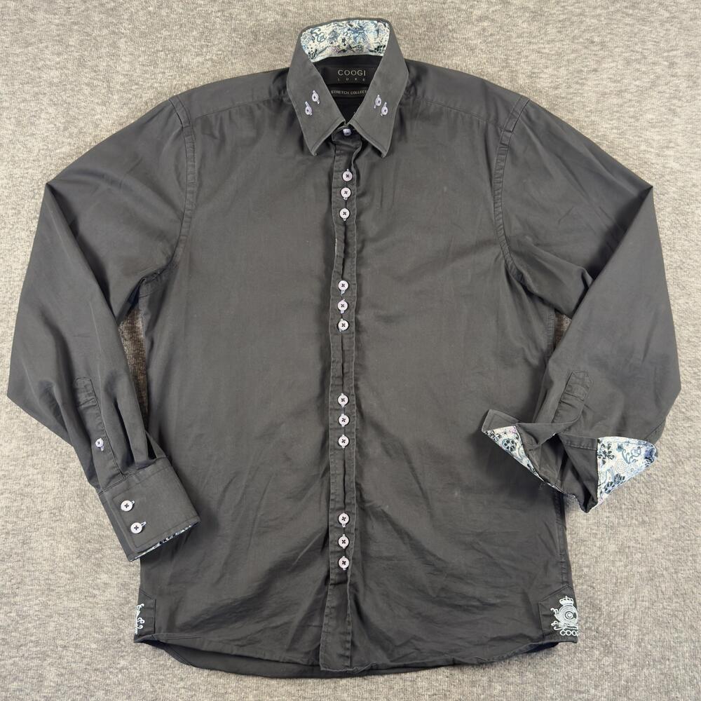 Coogi Luxe Dress Shirt Mens Small Black Stretch Contrast Floral Trim Long Sleeve